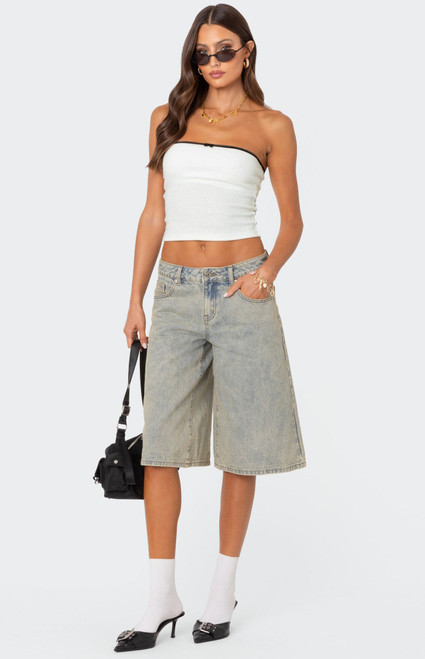 Edikted Women's Xtra Long Acid Wash Denim Shorts - 0829609690023
