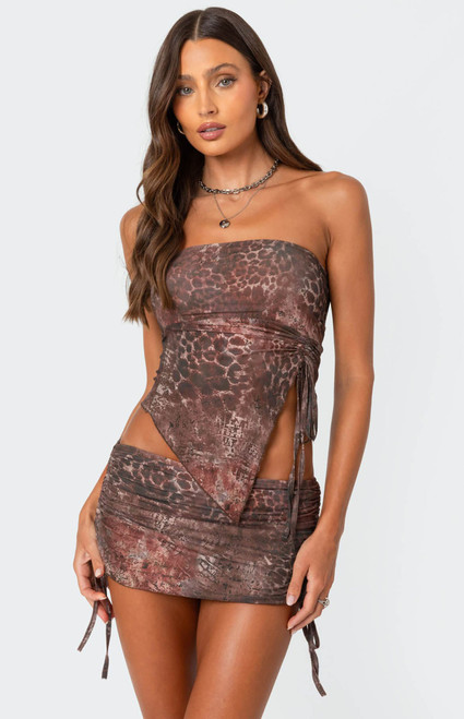 Edikted Women's Leopard Printed Asymmetric Mesh Tube Top - 0712609690236