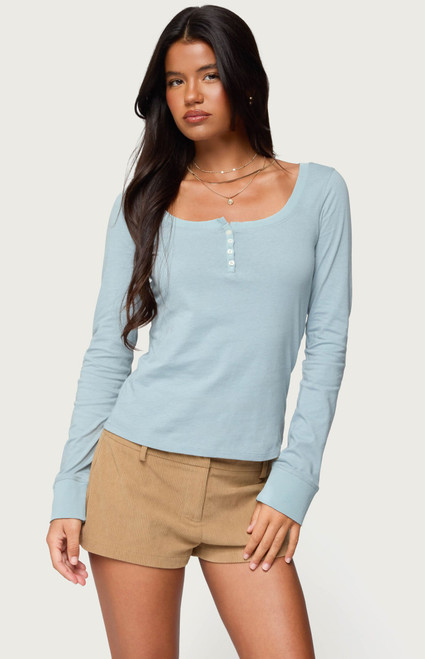 Edikted Women's Steffey Scoop Neck Henley Top - 0731609691294