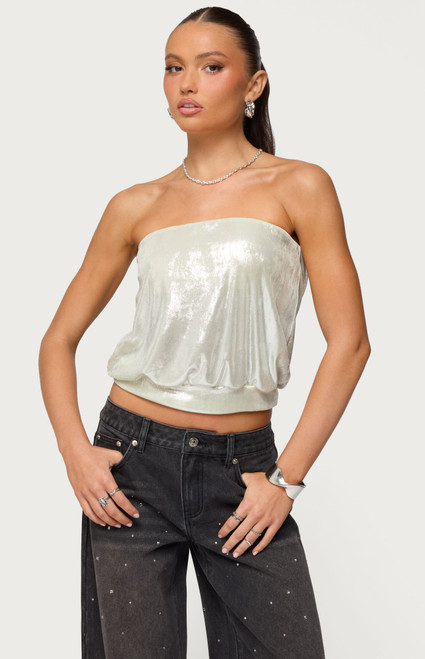 Edikted Women's Leira Silky Sparkly Strapless Top - 0712609690648