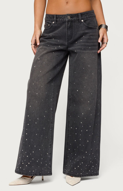 Edikted Women's Rhinestone Low Rise Washed Jeans - 0860609690113