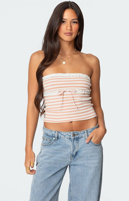 Edikted Women's Striped Eyelet Trim Tube Top - 0712609690256