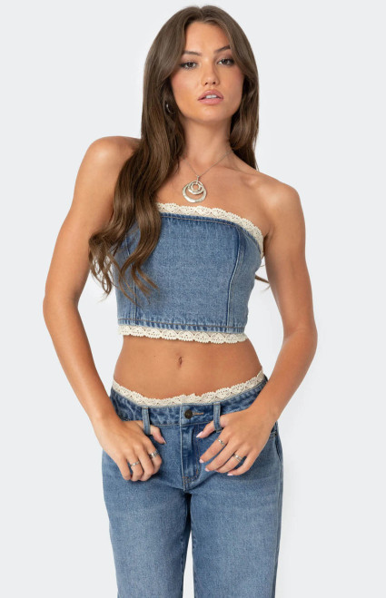 Edikted Women's Karlie Lace Trim Denim Tube Top - 0712609690260