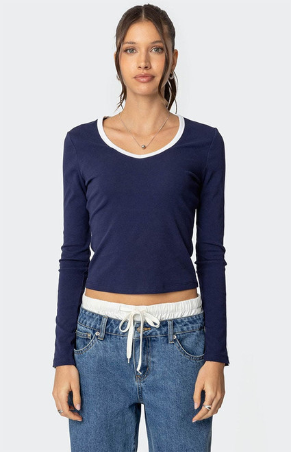 Edikted Women's Contrast V Neck Long Sleeve T-Shirt - 0702609690073