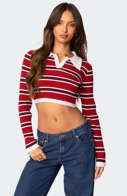 Edikted Women's Collared Stripey Ribbed Crop Top - 0731609690585