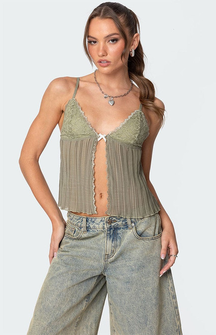 Edikted Women's Pleated Lacey Split Front Tank Top - 0712609690284
