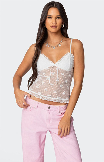 Edikted Women's Polka Dot & Bow Sheer Tank Top - 0712609690293