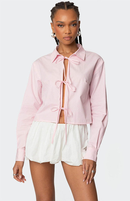 Edikted Women's Melrose Tie Front Collared Top - 0731609690658