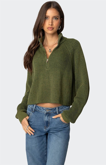 Edikted Women's Cropped Rib Knit Half Zip Sweater - 0740609690123