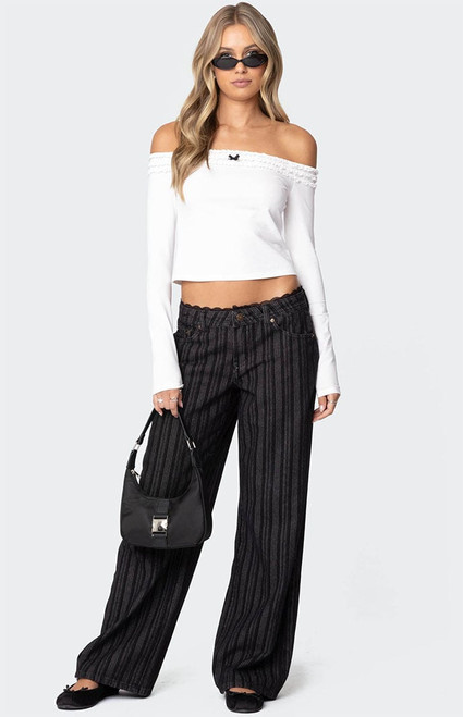Edikted Women's Lace Trim Striped Low Rise Jeans - 0860609690104