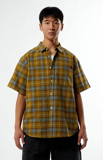Vans Men's Tan Lawson Plaid Linen Button Down Shirt - 0181037910020