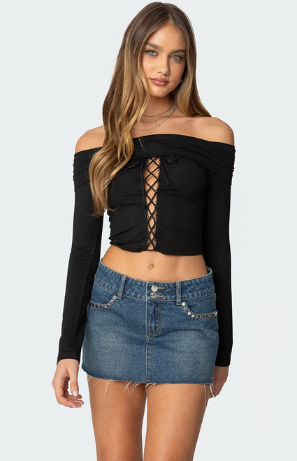Edikted Women's Lace Up Fold Over Top - 0731609690781