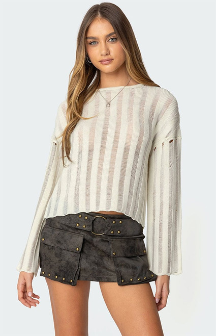 Edikted Women's Stripey Shredded Sweater - 0740609690144