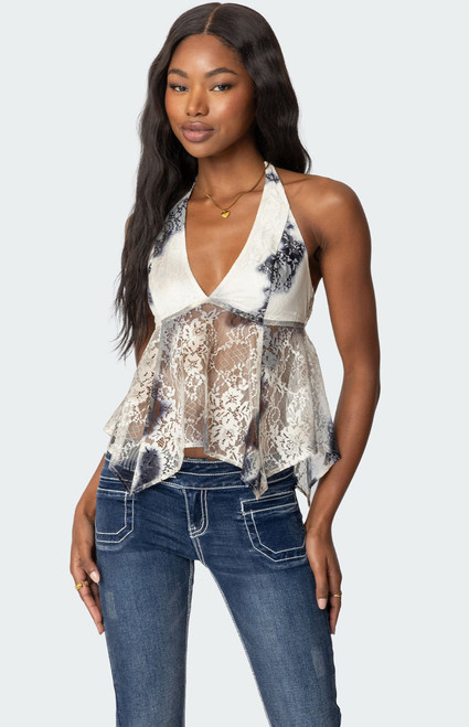 Edikted Women's Asymmetric Printed Lace Halter Top - 0731609690802