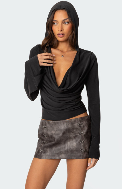 Edikted Women's Nira Hooded Cowl Neck Top - 0731609690819