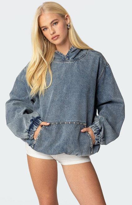 Edikted Women's Marney Oversized Studded Denim Hoodie - 0751609690071