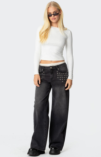 Edikted Women's Grommet Low Rise Baggy Jeans - 0860609690130