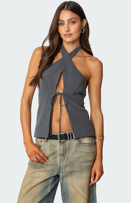 Edikted Women's Split Front Pinstripe Halter Top - 0731609690835