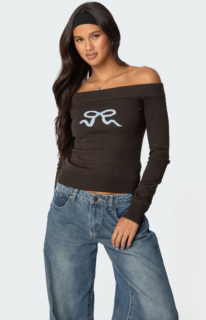 Edikted Women's TJ Off Shoulder Knit Bow Top - 0731609690848
