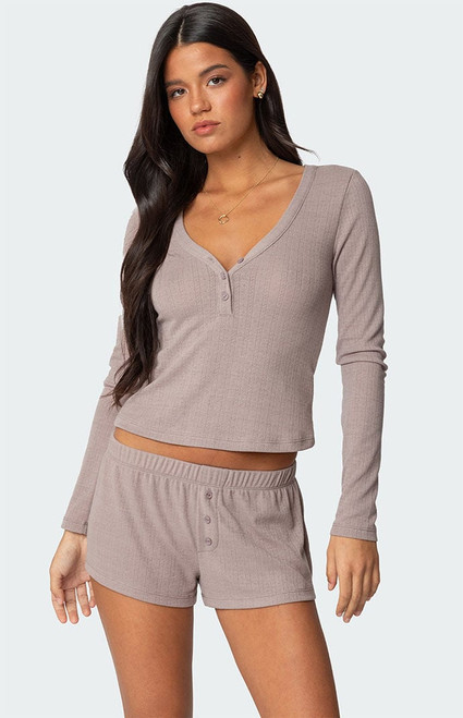 Edikted Women's Keely Pointelle Henley Top - 0702609690138