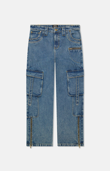WeSC Men's Medium Blue Baggy Denim Zipper Cargo Pants - 0136601830019