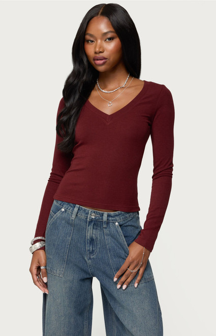 Edikted Women's Larna V Neck Ribbed T-Shirt - 0702609690217