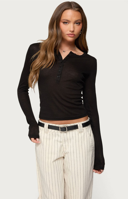 Edikted Women's Nettie Ribbed Henley Top - 0702609690218