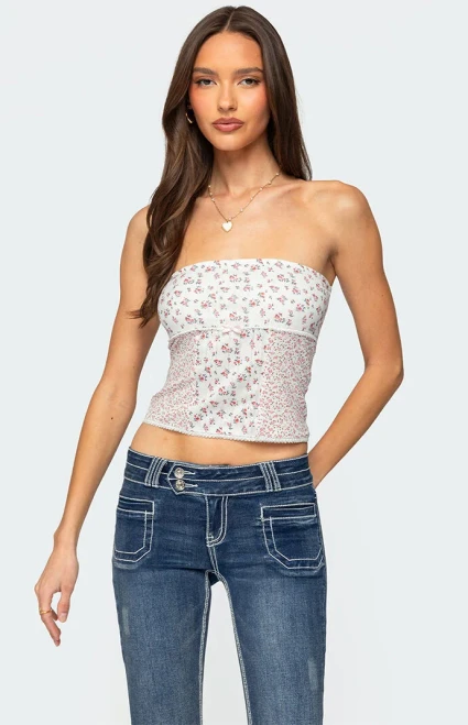 Edikted Women's Mixed Floral Pointelle Tube Top - 0712609690447