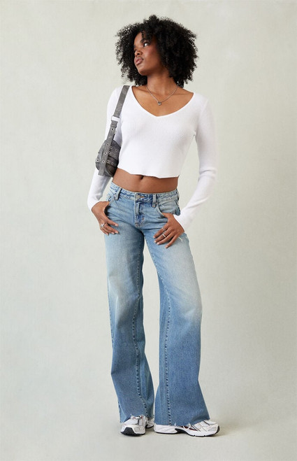 Pacsun Women's Casey Low Rise Baggy Jeans Ripped Raw Cut Medium Blue - 0860454210025