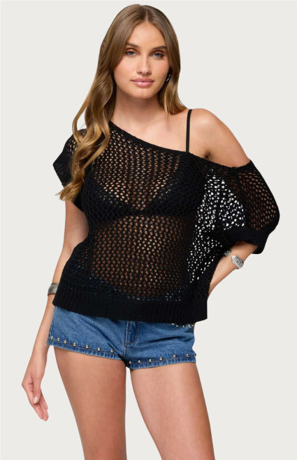 Edikted Women's Trix Off Shoulder Open Knit Top - 0731609690988