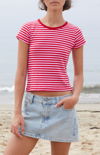 John Galt Women's Red Hailie Striped Short Sleeve Crop Top - 0704601600253