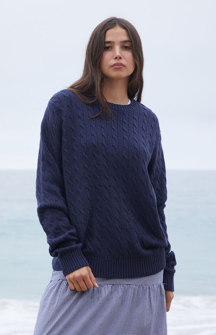 John Galt Women's Navy Cable Knit Sweater - 0796601600170