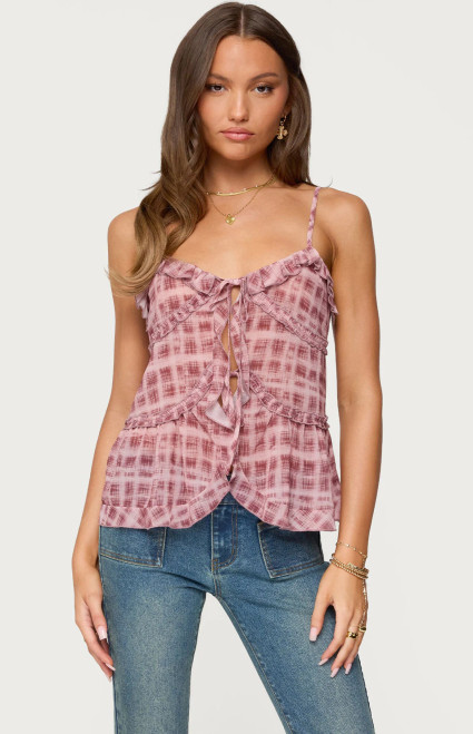 Edikted Women's Chiffon Printed Tie Front Ruffle Top - 0731609691003