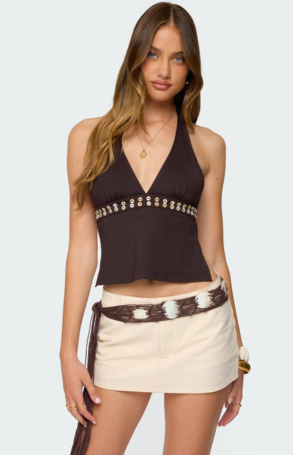 Edikted Women's Pearlsy Button Backless Halter Top - 0731609691004