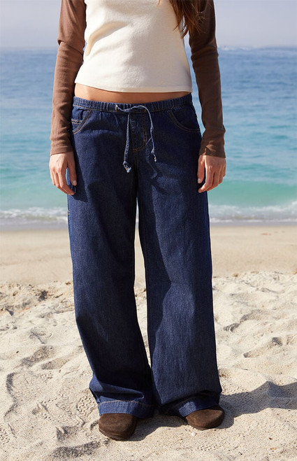 John Galt Women's Dark Blue Gracie Drawstring Low Rise Baggy Jeans - 0843601600030