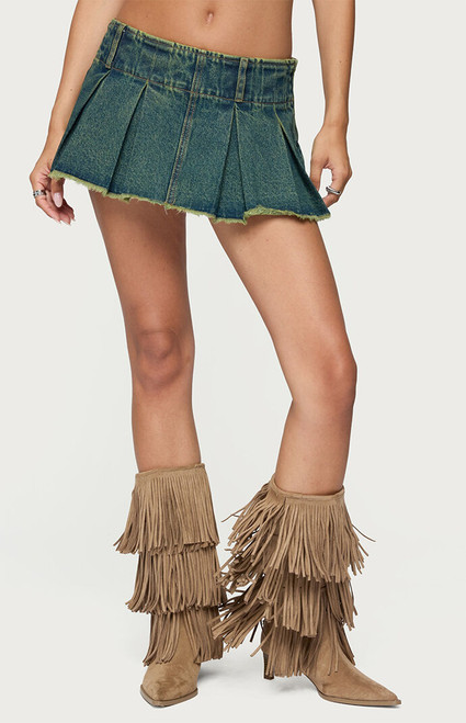 Edikted Women's Frayed Pleated Denim Mini Skort - 0840609690456