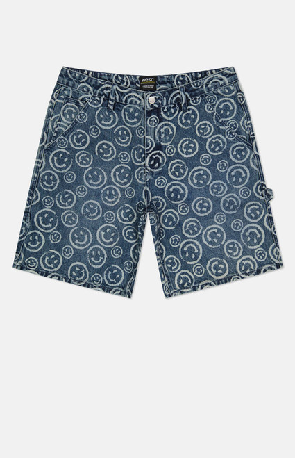 WeSC Men's Smiley AOP Denim Carpenter Baggy Shorts - 0170601830039