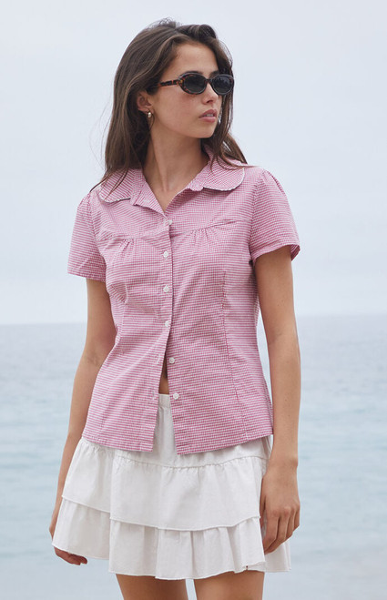 John Galt Women's Red Gingham Teagan Collared Top - 0791601600219