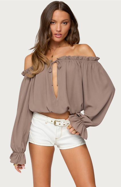 Edikted Women's Juna Off Shoulder Ruffle Chiffon Top - 0731609691050