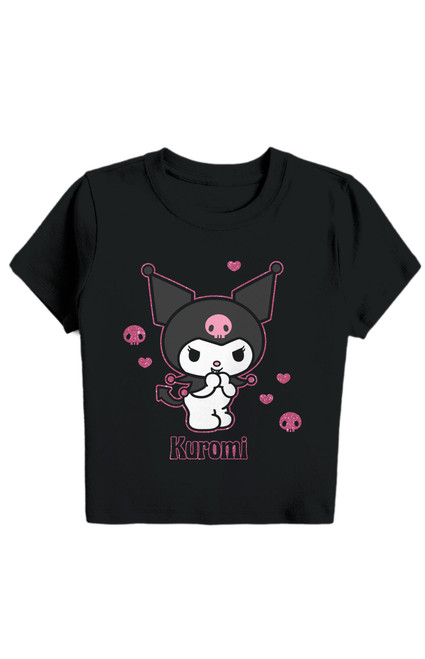 Women's Kuromi Hearts & Skulls Cropped Baby T-Shirt - 0702603580152