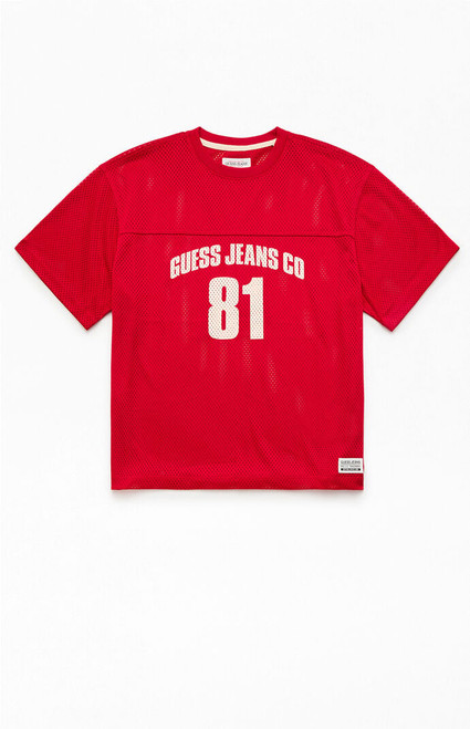 Guess Jeans Men's Red Boxy Cropped Mesh Jersey - 0097513380027
