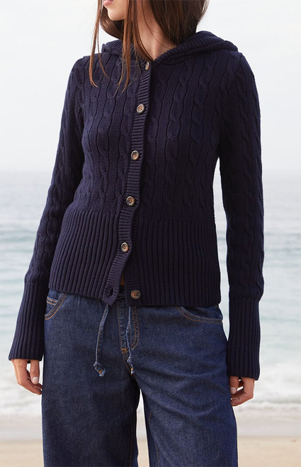 John Galt Women's Blue Cable Knit Button Down Hooded Sweater - 0796601600184