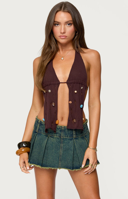 Edikted Women's Beaded Distressed Knit Split Front Top - 0731609691099