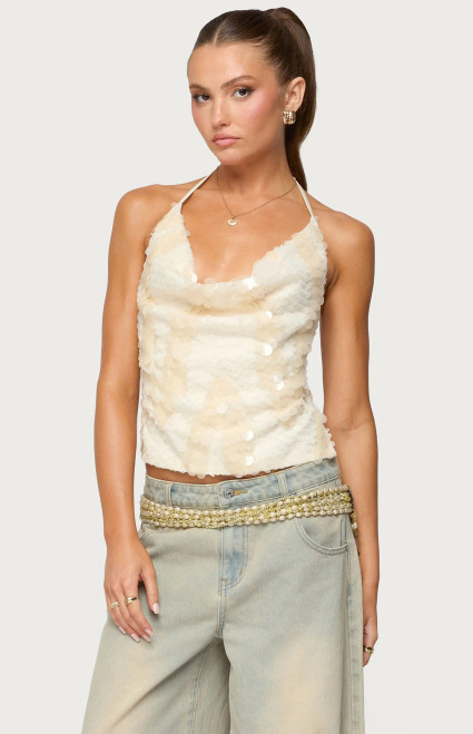 Edikted Women's Reid Backless Sequin Cowl Neck Top - 0731609691102