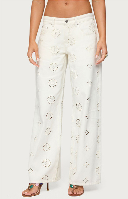 Edikted Women's Eyelet Low Rise Wide Leg Jeans - 0861609690013