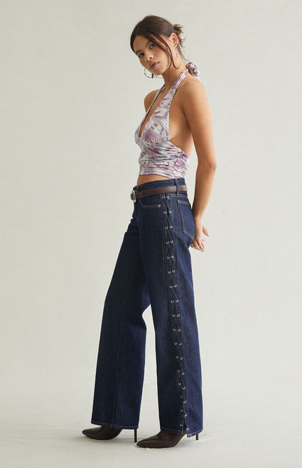 Pacsun Women's Zoe Low Rise Girlfriend Jeans Lace-Up Side Dark Blue - 0860454210385