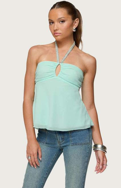 Edikted Women's Sequin Chiffon Keyhole Halter Top - 0731609691134