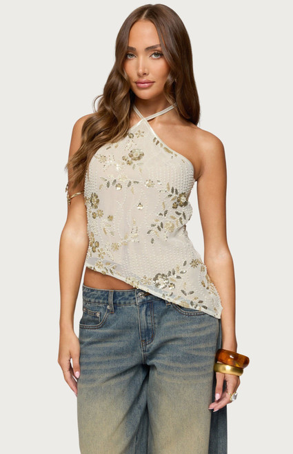 Edikted Women's Beaded Sequin Asymmetric Halter Top - 0731609691153