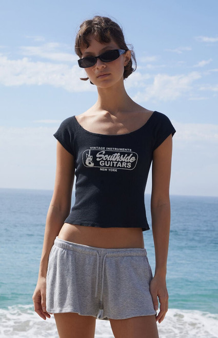 John Galt Women's Black Southside Guitars Off-The-Shoulder Cropped T-Shirt - 0790601600472