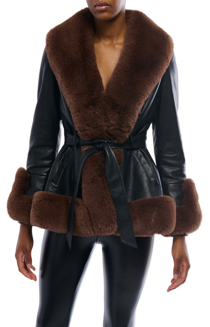 AZALEA WANG Women's Kenzy Brown Faux Leather & Fur Belted Coat - 0760611590009